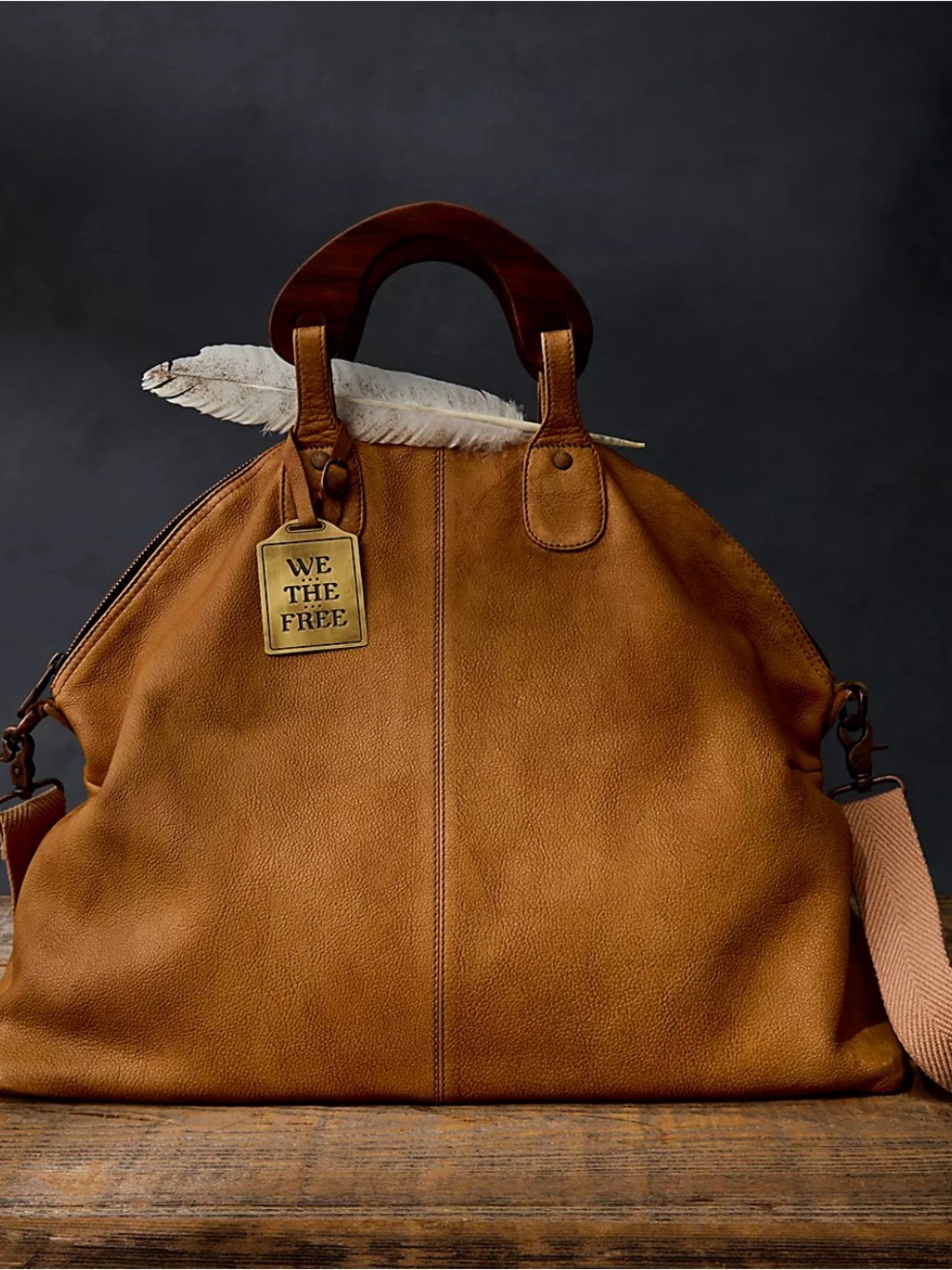 Free People Leather Travel Weekender Bag with Wooden Handles - Tan